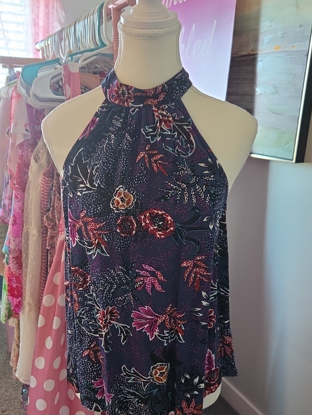 Sleeveless Halter Floral Tank Top - Navy